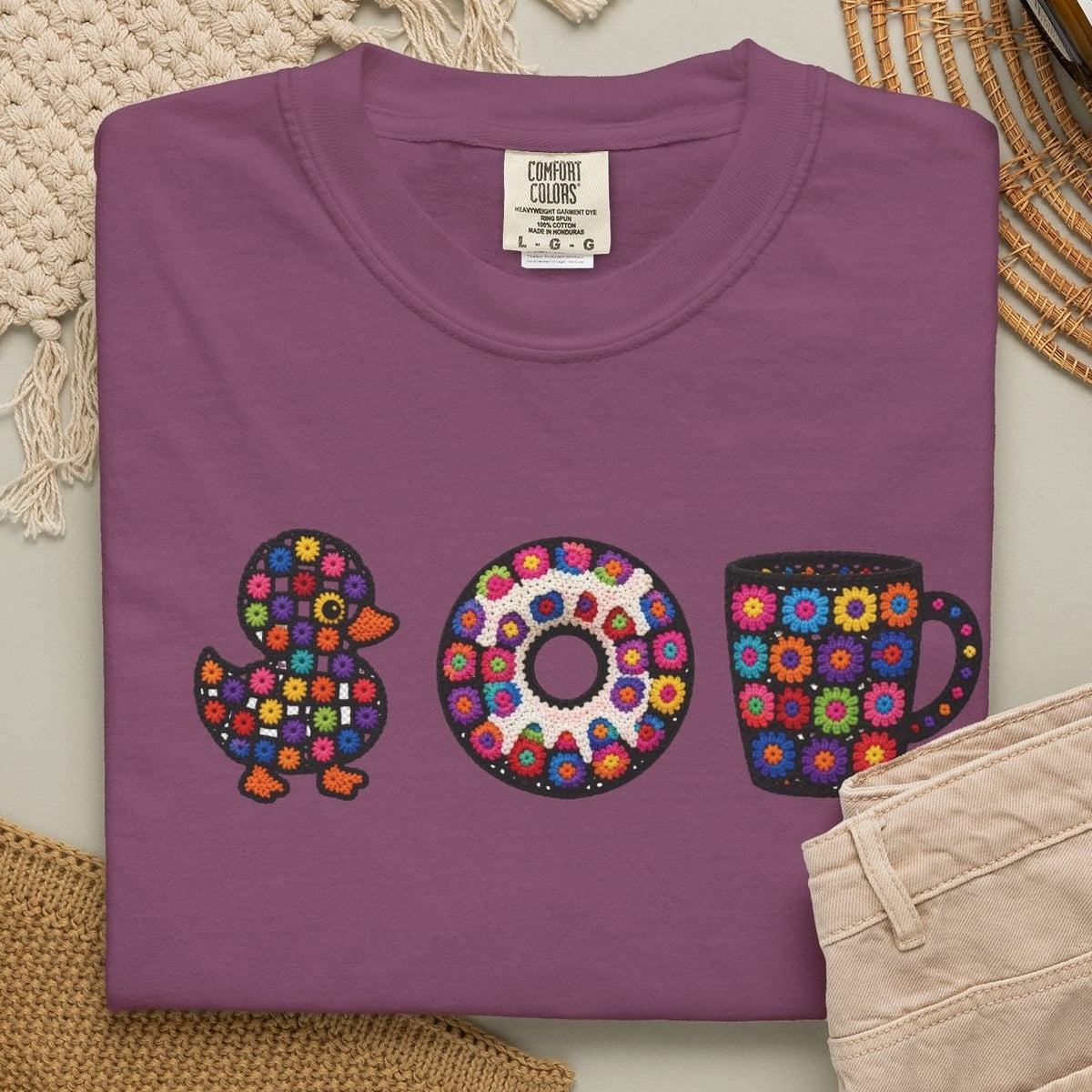 Duck Donut Coffee Faux Crochet Donut T-shirt