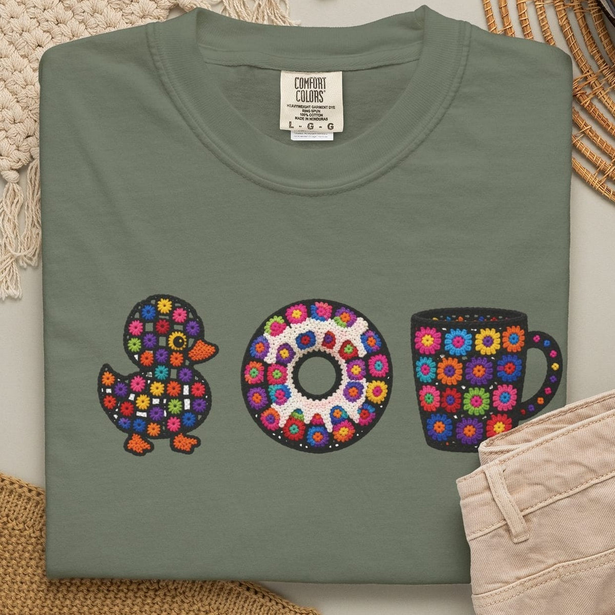 Duck Donut Coffee Faux Crochet Donut T-shirt
