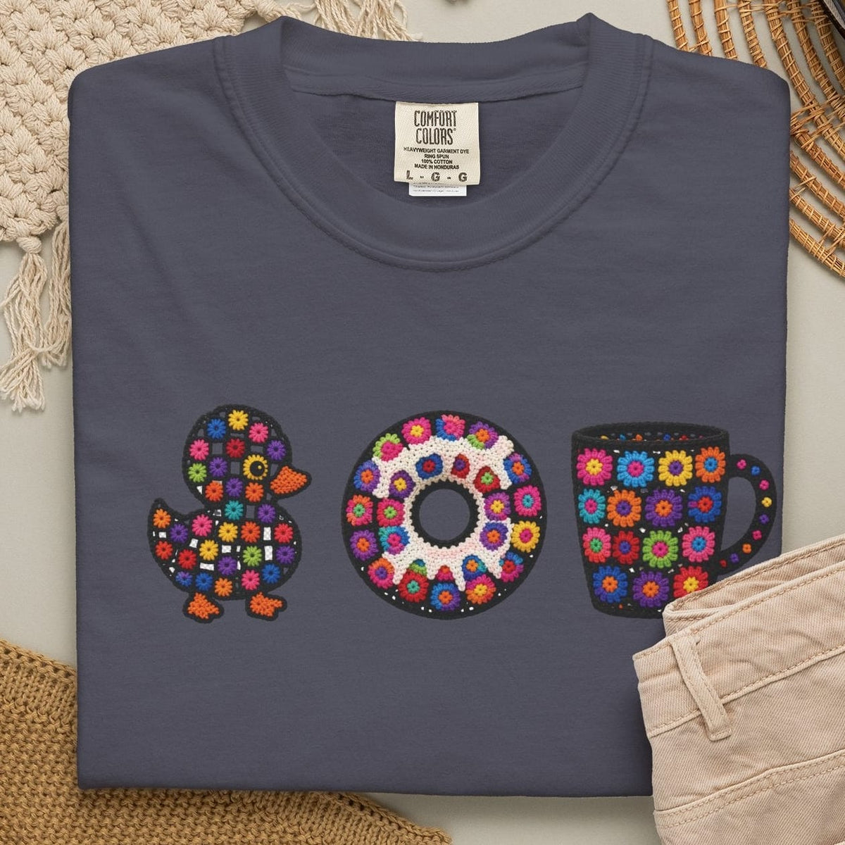 Duck Donut Coffee Faux Crochet Donut T-shirt