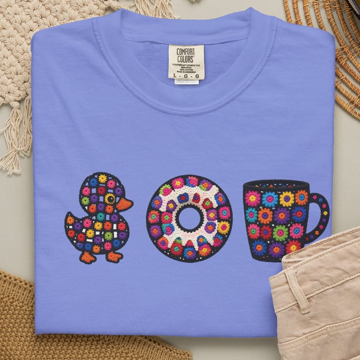 Duck Donut Coffee Faux Crochet Donut T-shirt
